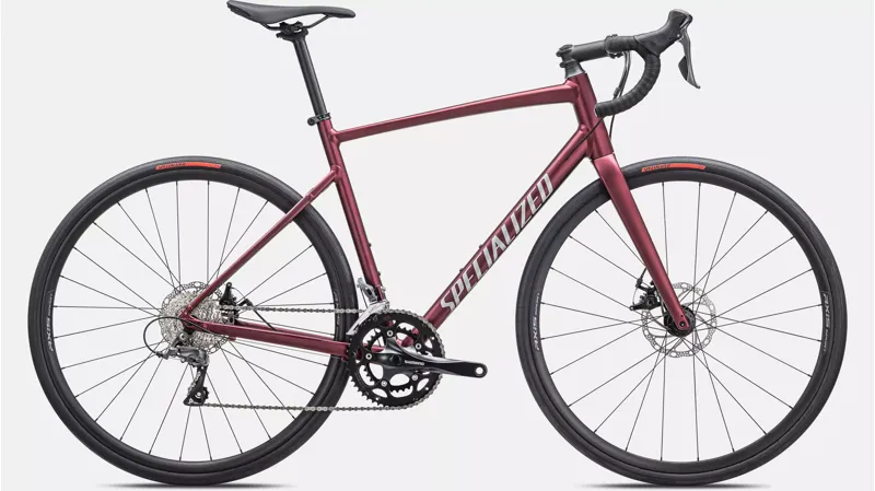 Specialized Allez E5 Disc Road Bike in Satin Maroon/Silver Dust/Red